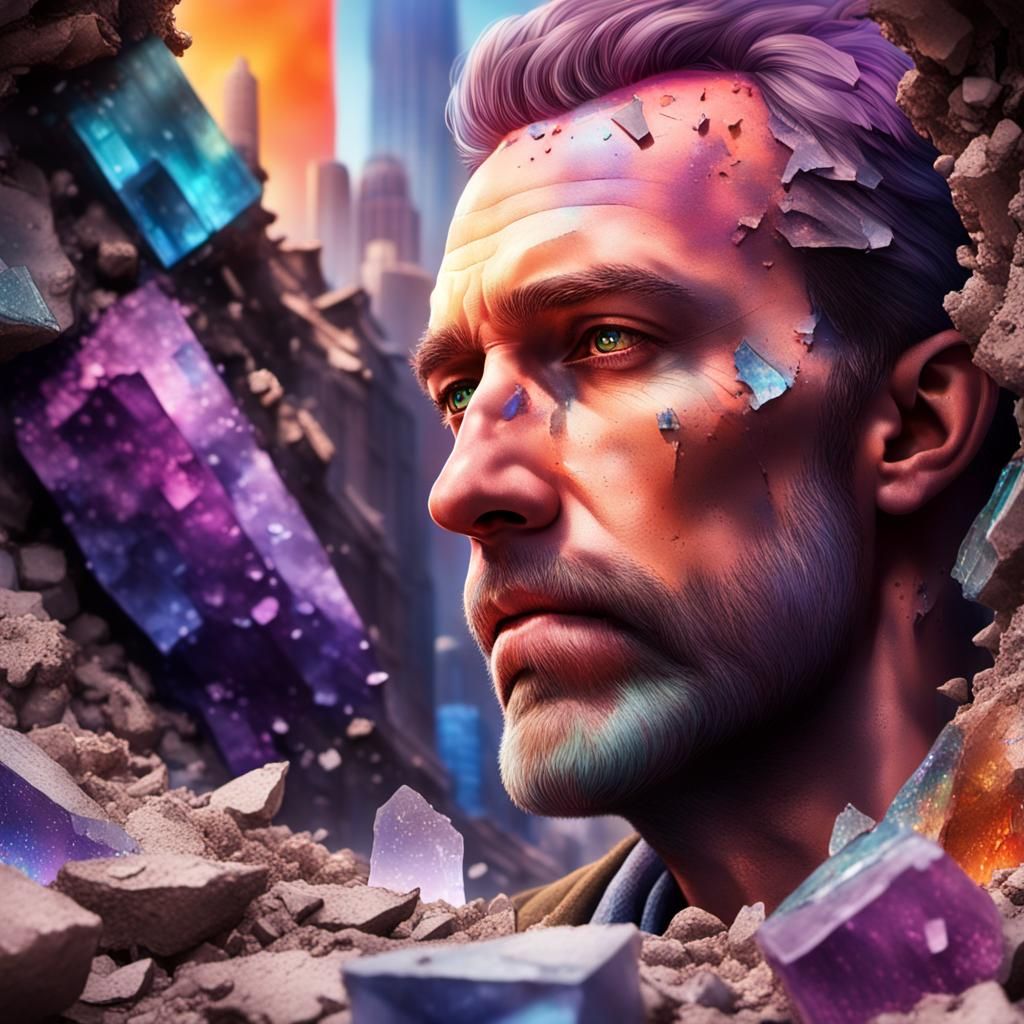 Man Amidst Crumbling City in Rainbow Light