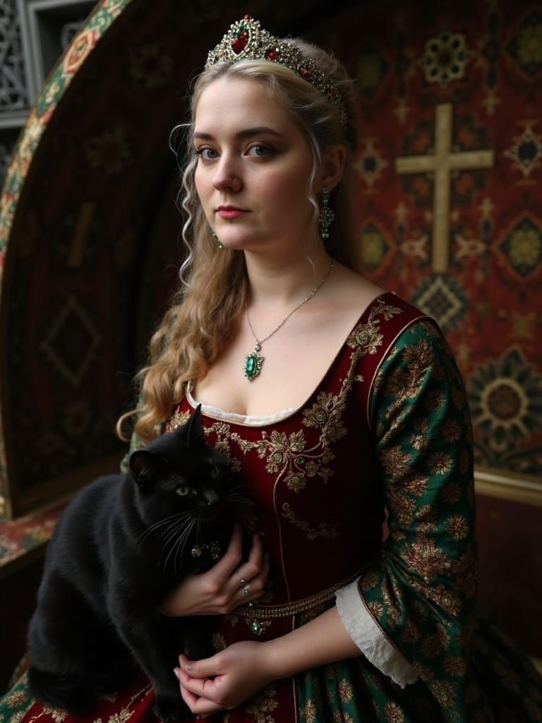 Eleanor of Aquitaine in Regal Splendor with Feline Companion