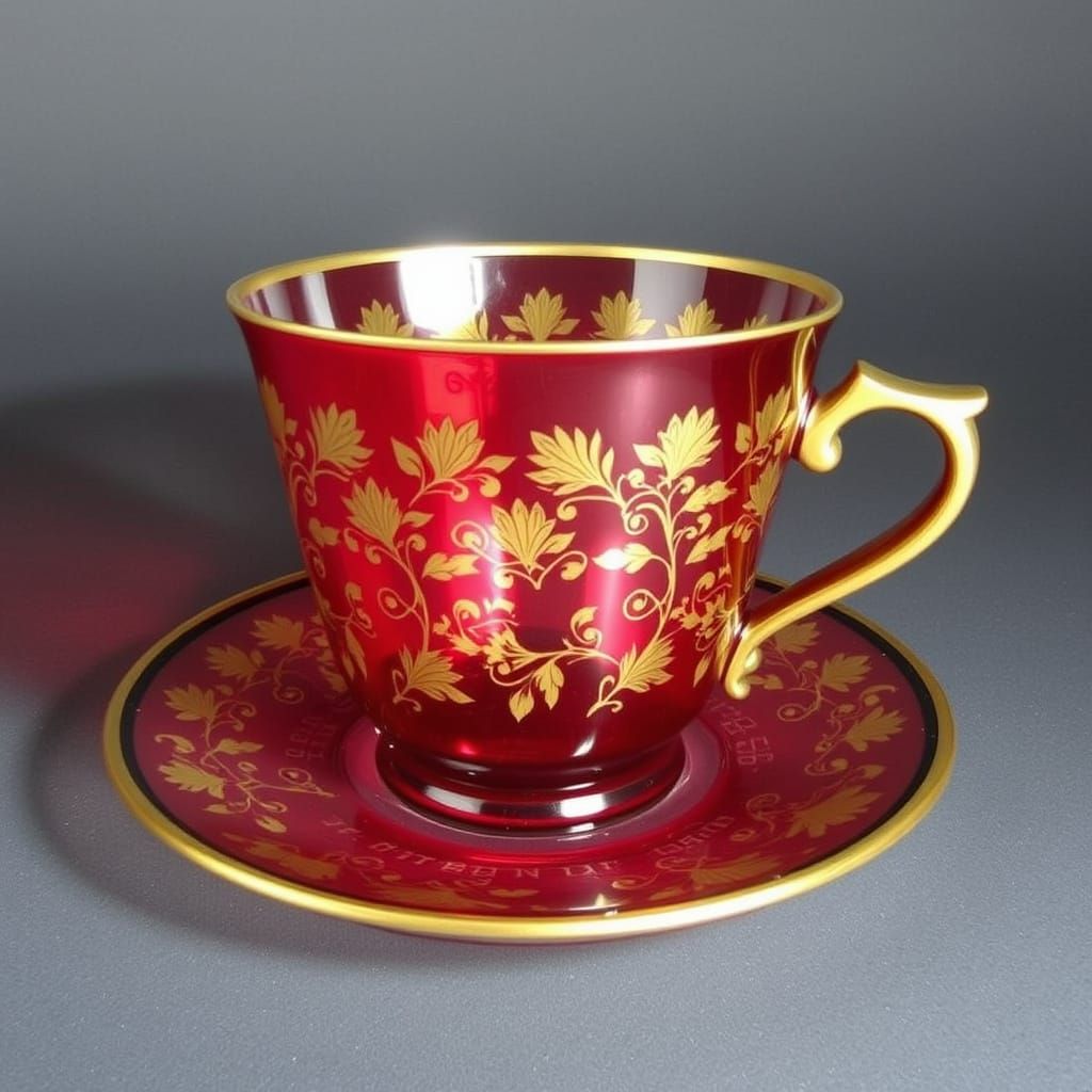 Gilt & Enameled Ruby Red Glass Teacup