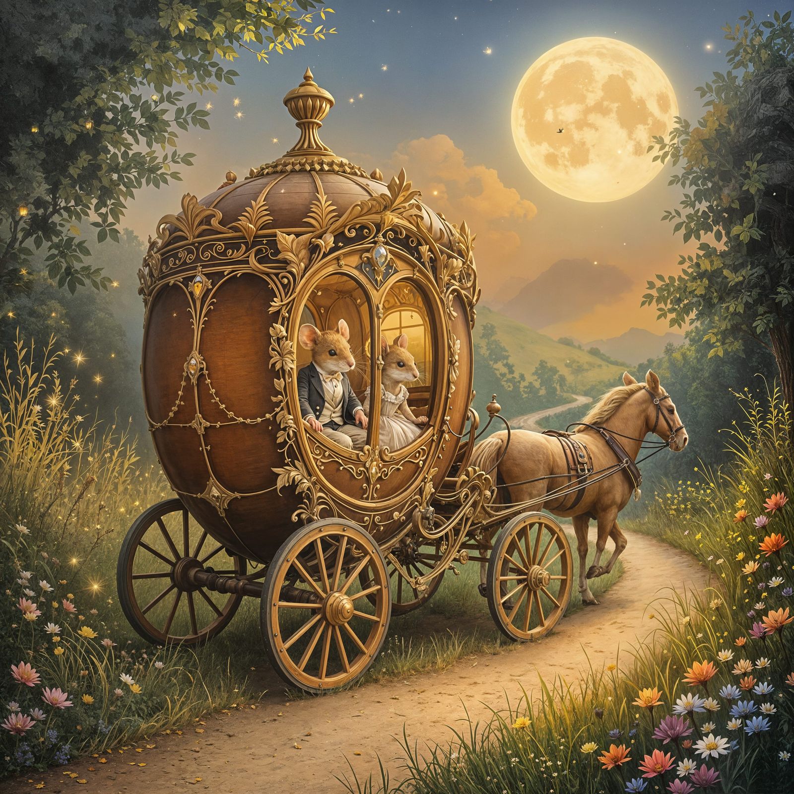 Dormouse Couple in Enchanted Acorn Carriage Ride