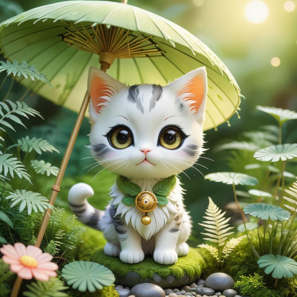 Chibi Kitten in Zen Garden: Whimsical Anime Illustration