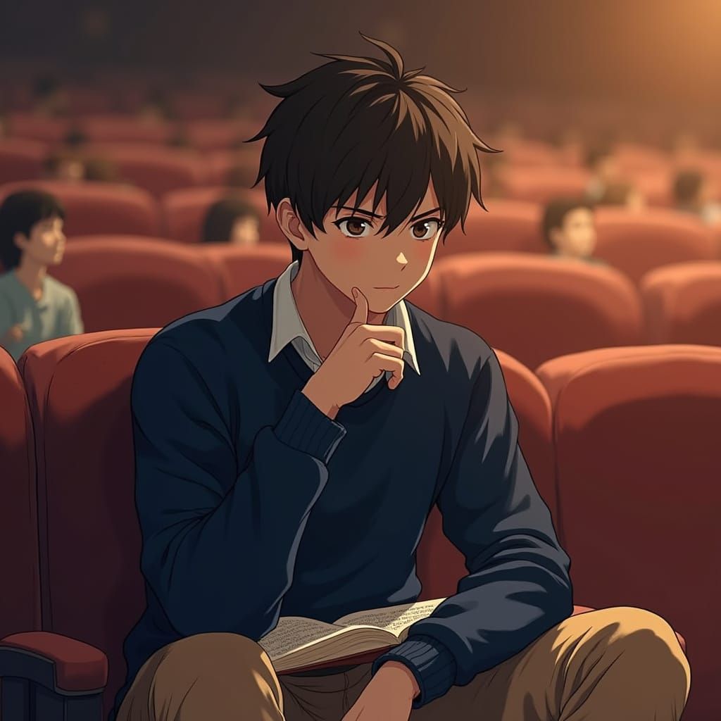 Thoughtful Young Man in a Serene Auditorium - Studio Ghibli-...