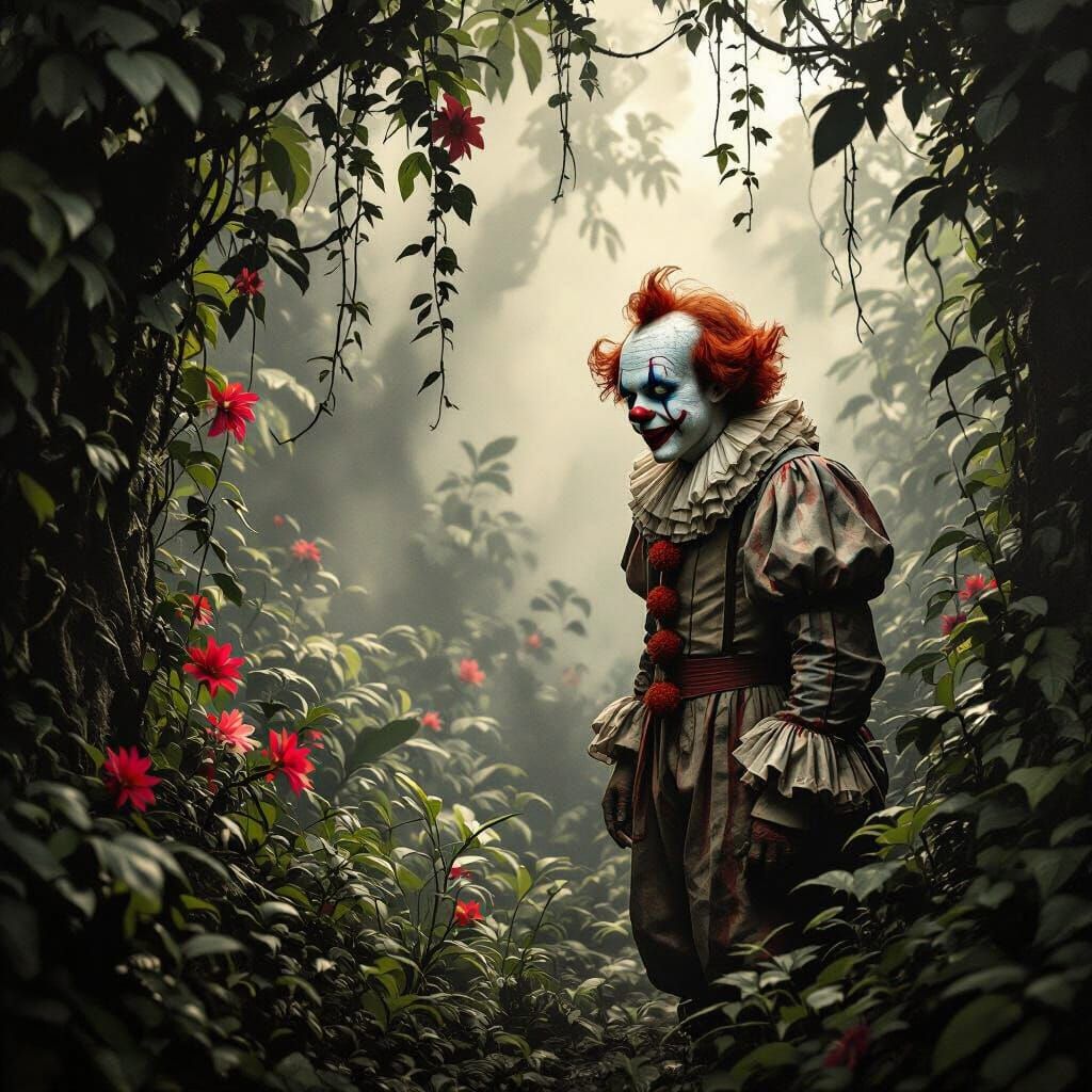 Determined Clown at Jungle Edge in Cinematic Lighting
