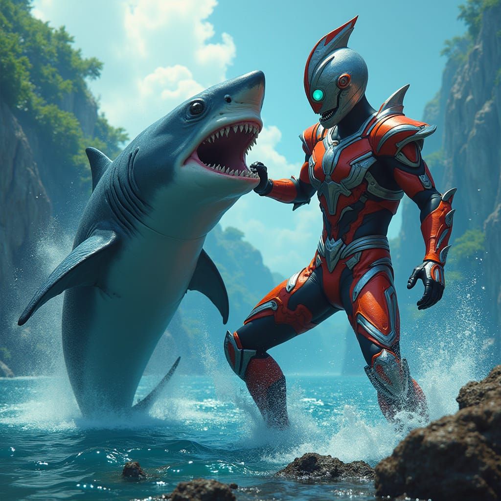 Ultraman Battles Pirate Shark in Tropical Setting