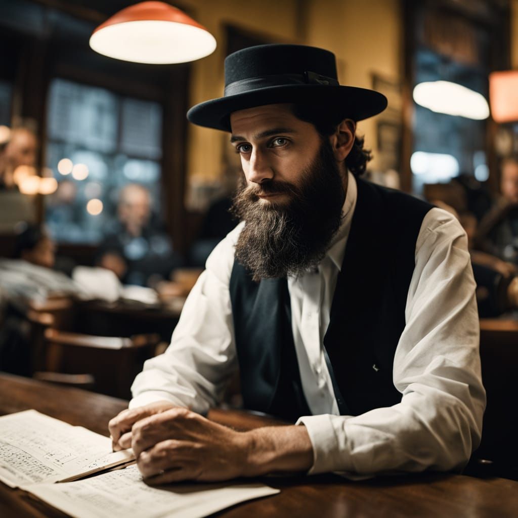 Hasidic Man Composes Poem in Smoky Cafe: Vintage Style