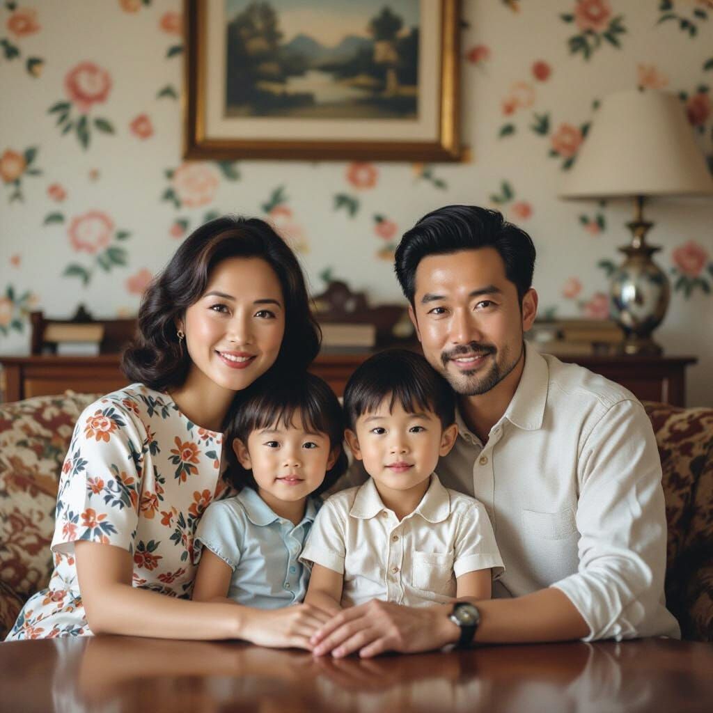 1970s Retro Family Portrait in Vintage Living Room
