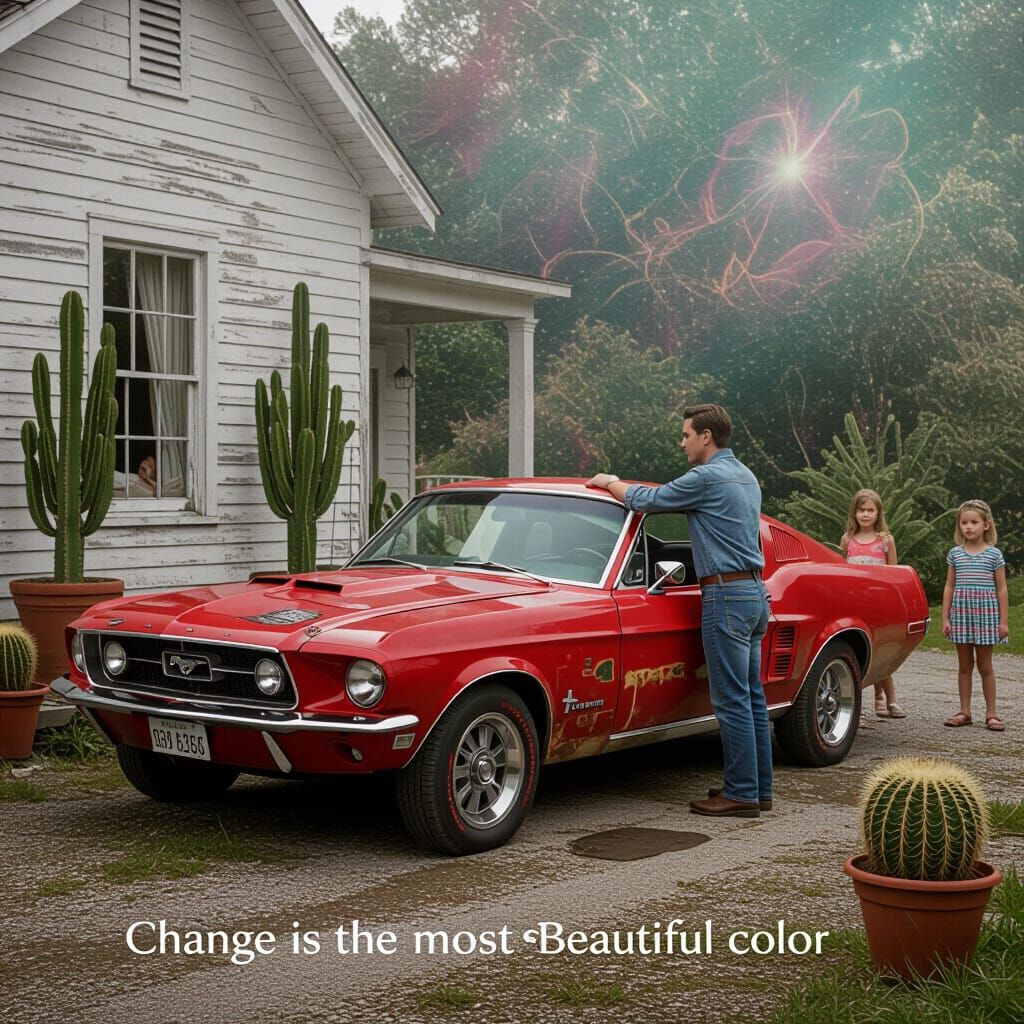 Surreal Red Muscle Car by Old House with Cacti