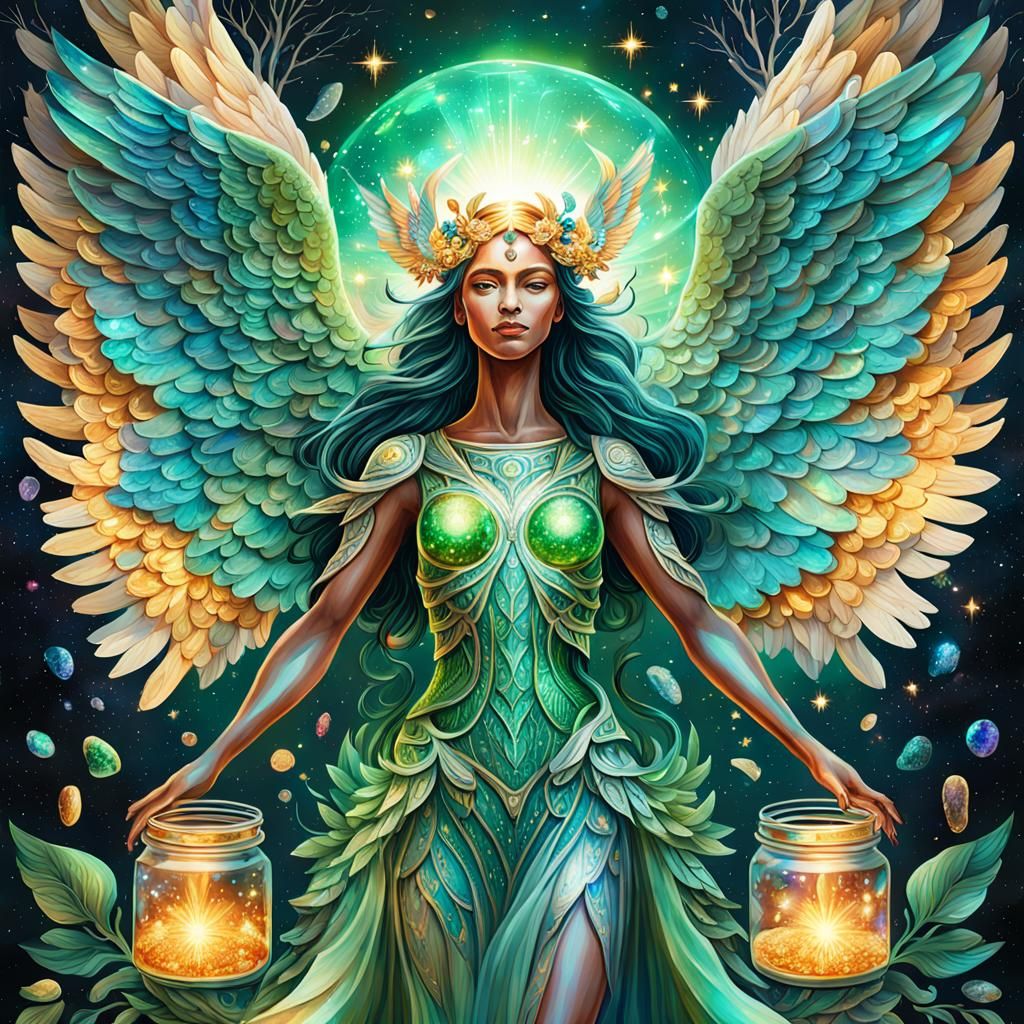 Cosmic Angel Goddess with Fire Skin and Satin Wings