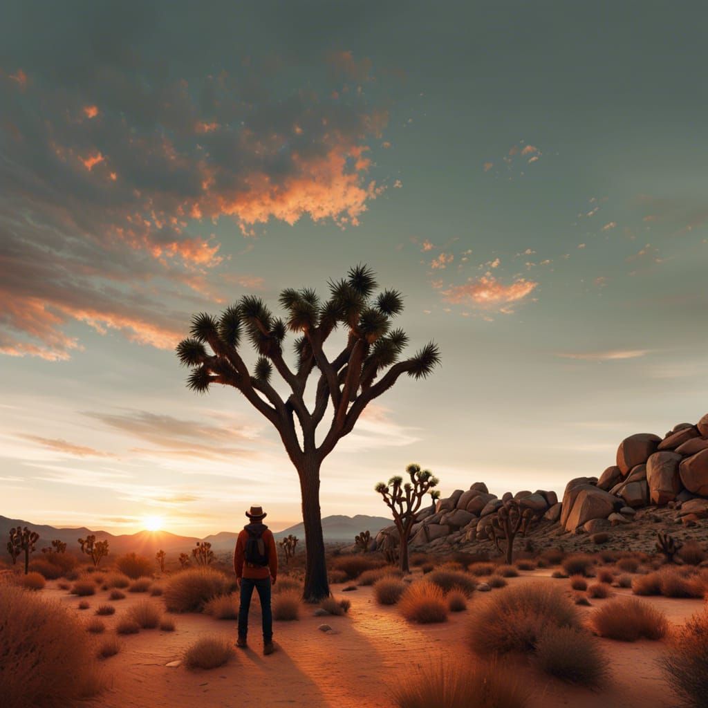 Joshua Tree Sunset with Figure, Detailed Render