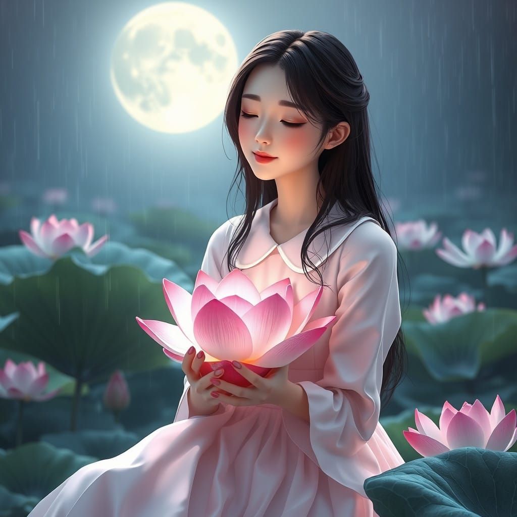 Ethereal Goddess Among Lotus Blooms in 3D Anime Style