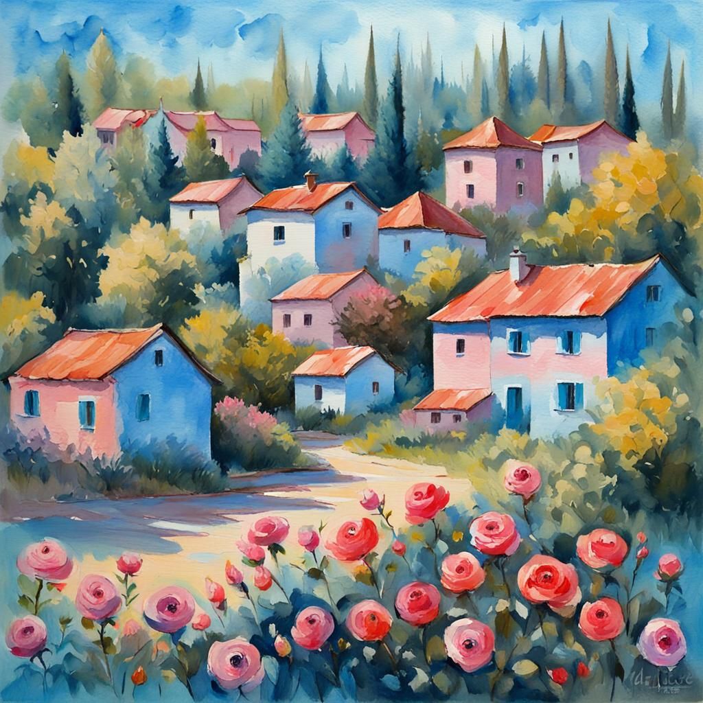 Charming Village in Gouache Watercolor Style