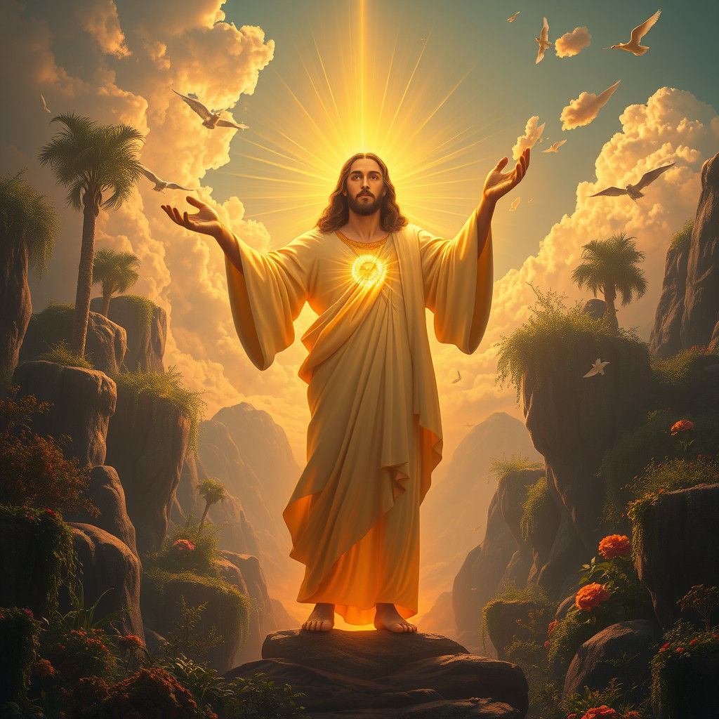 Luminous Jesus Figure in Vibrant Landscape