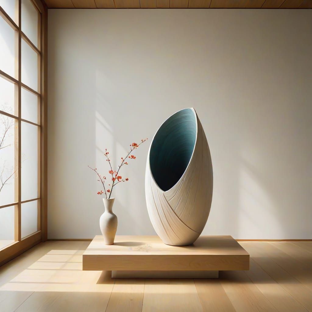Surreal Wabi-Sabi Sculpture in Serene Japanese Museum Settin...