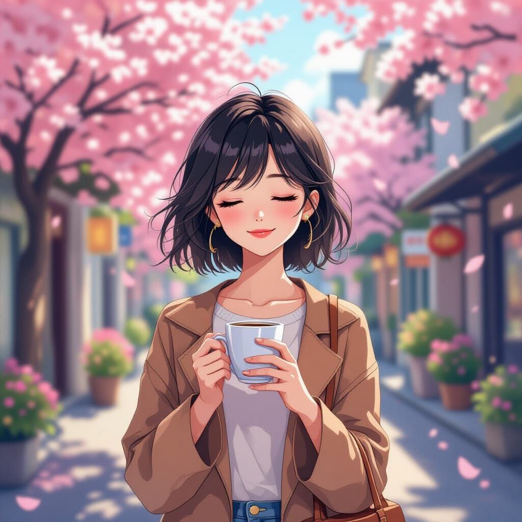 Mystical Anime Girl with Coffee in Floral City