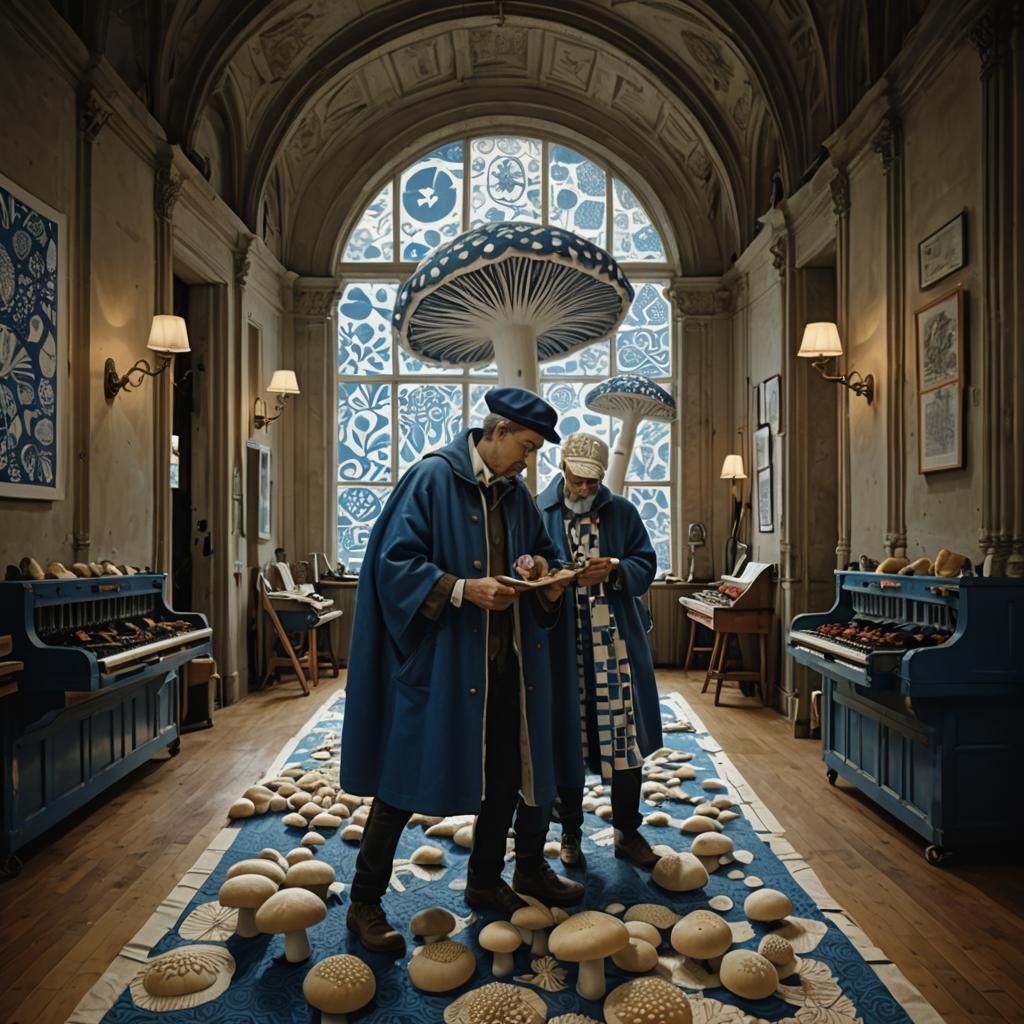 Activists Harvesting Mushrooms: Linocut Style with Blueprint...