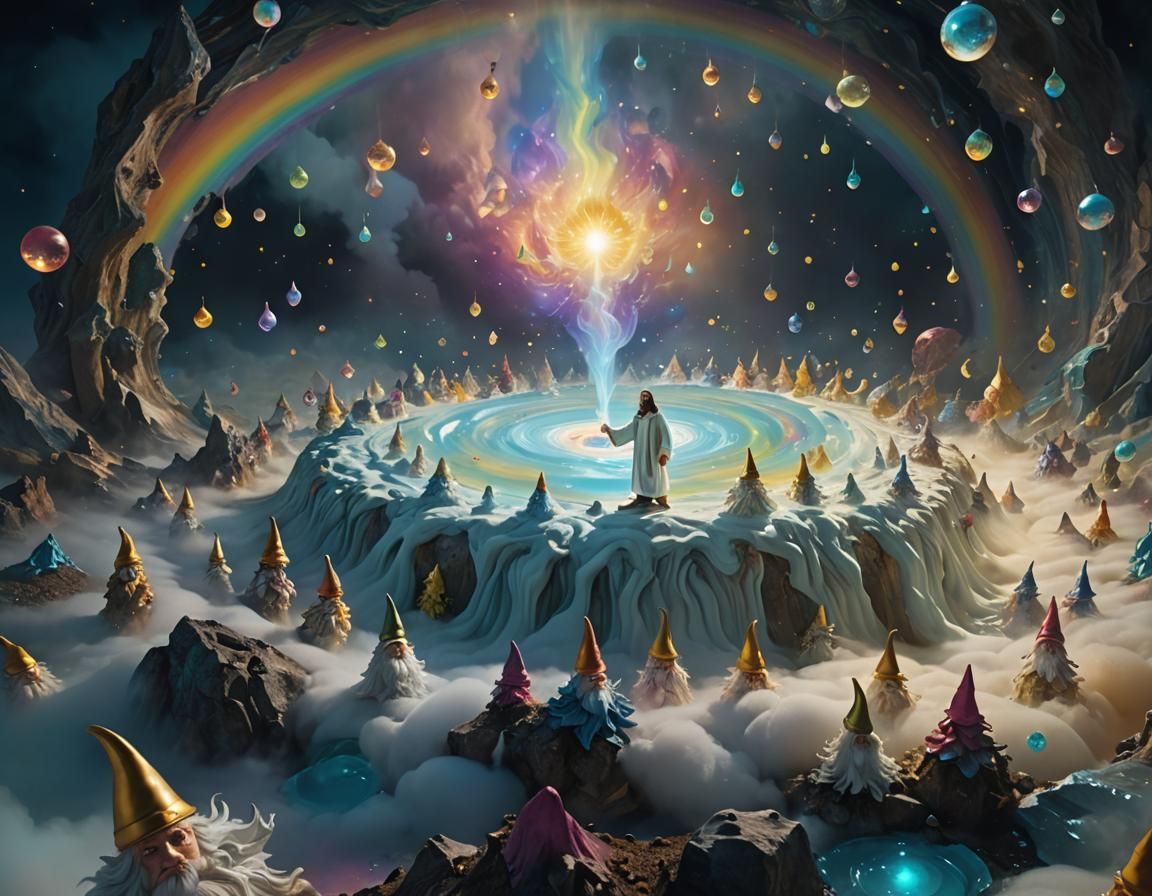 Jesus and Gnomes Astral Traveling in Dreamlike Vortex