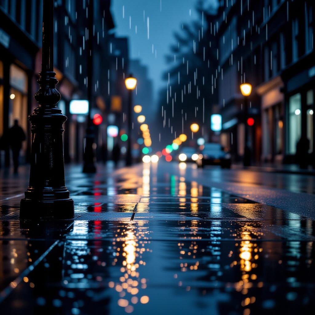 Rainy Night Street Scene in Film Noir Style