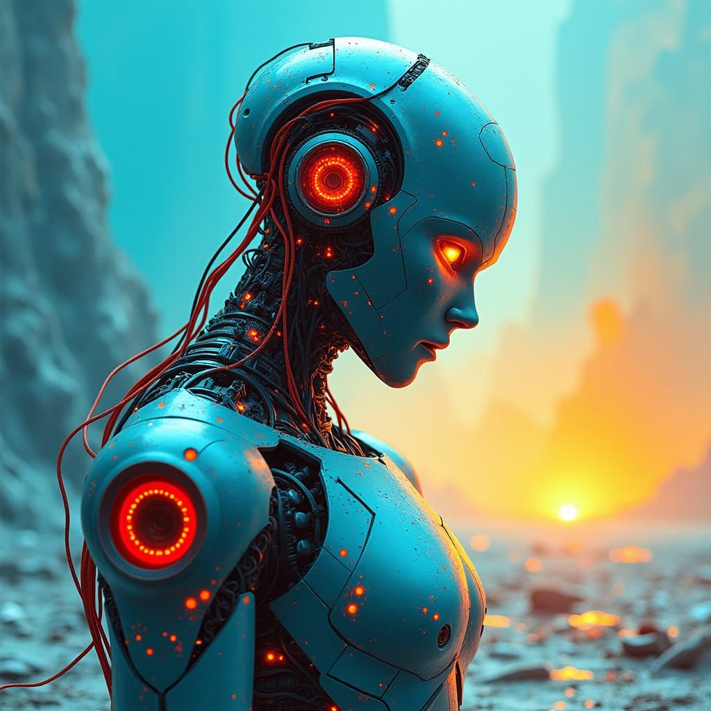 Robot's Self-Awareness in Neon Void: Digital Art