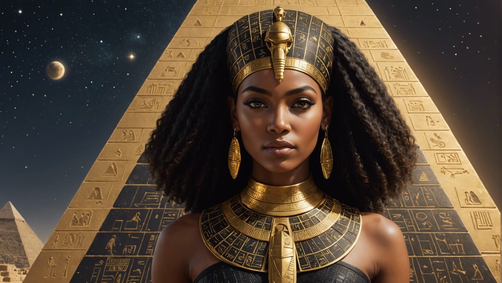 Egyptian Goddess with Cosmic Forehead and Hieroglyphs