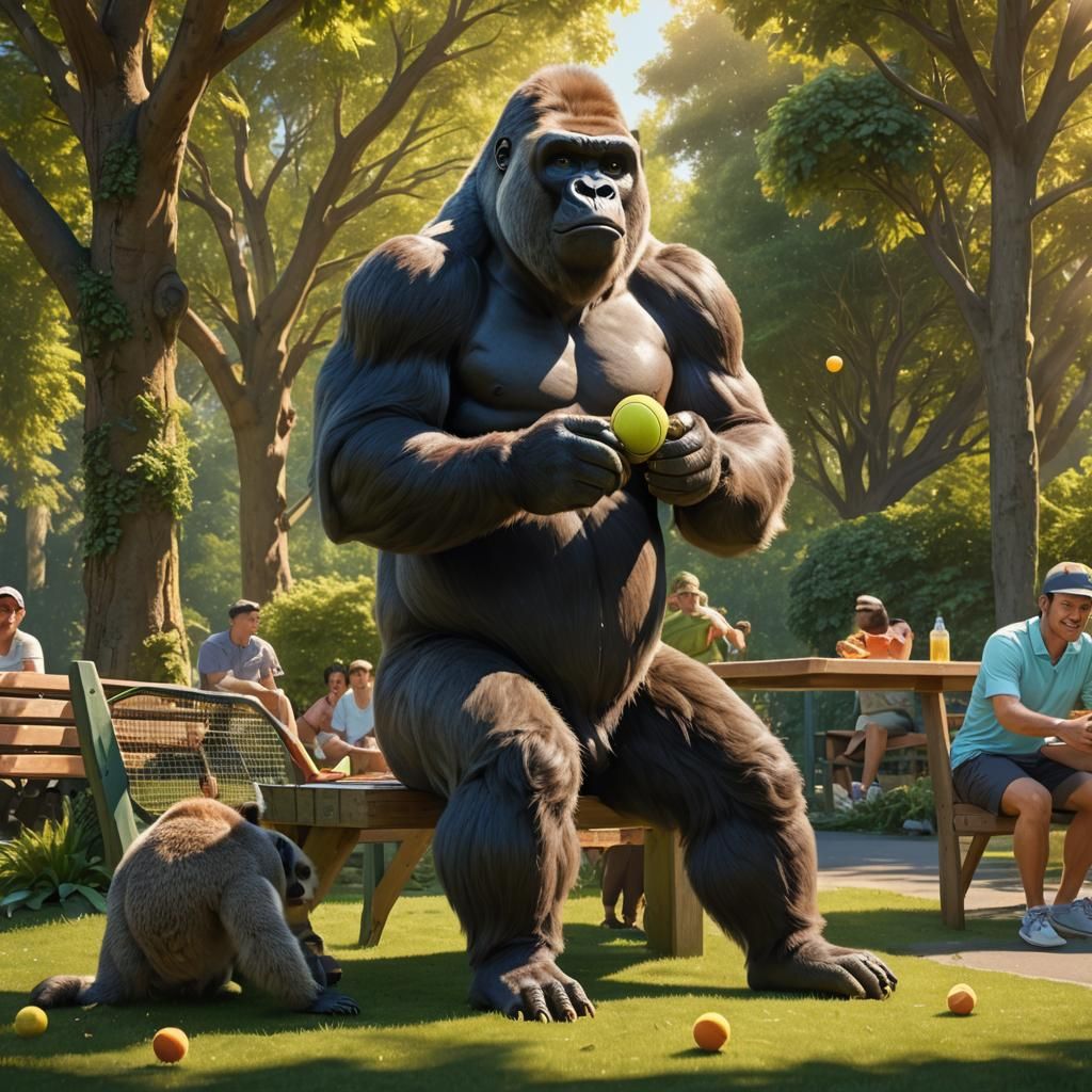 Hyperrealistic Gorilla Plays Tennis: Digital Matte Painting
