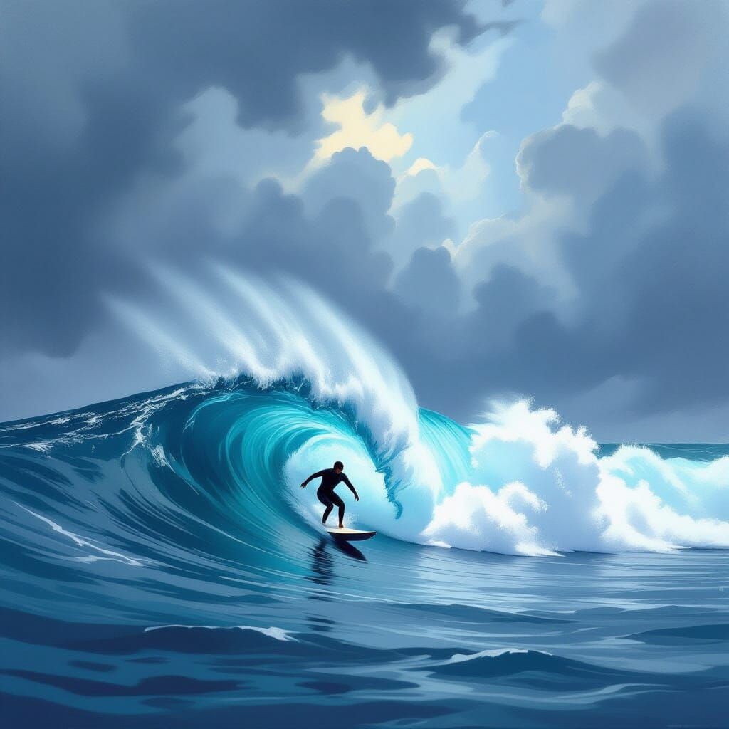 Surfer Rides Colossal Wave Under Stormy Sky