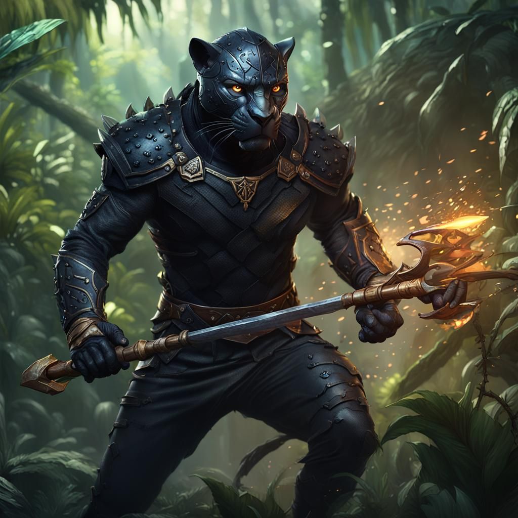 Dark Panther Humanoid in Jungle, Hyperdetailed Fantasy Art