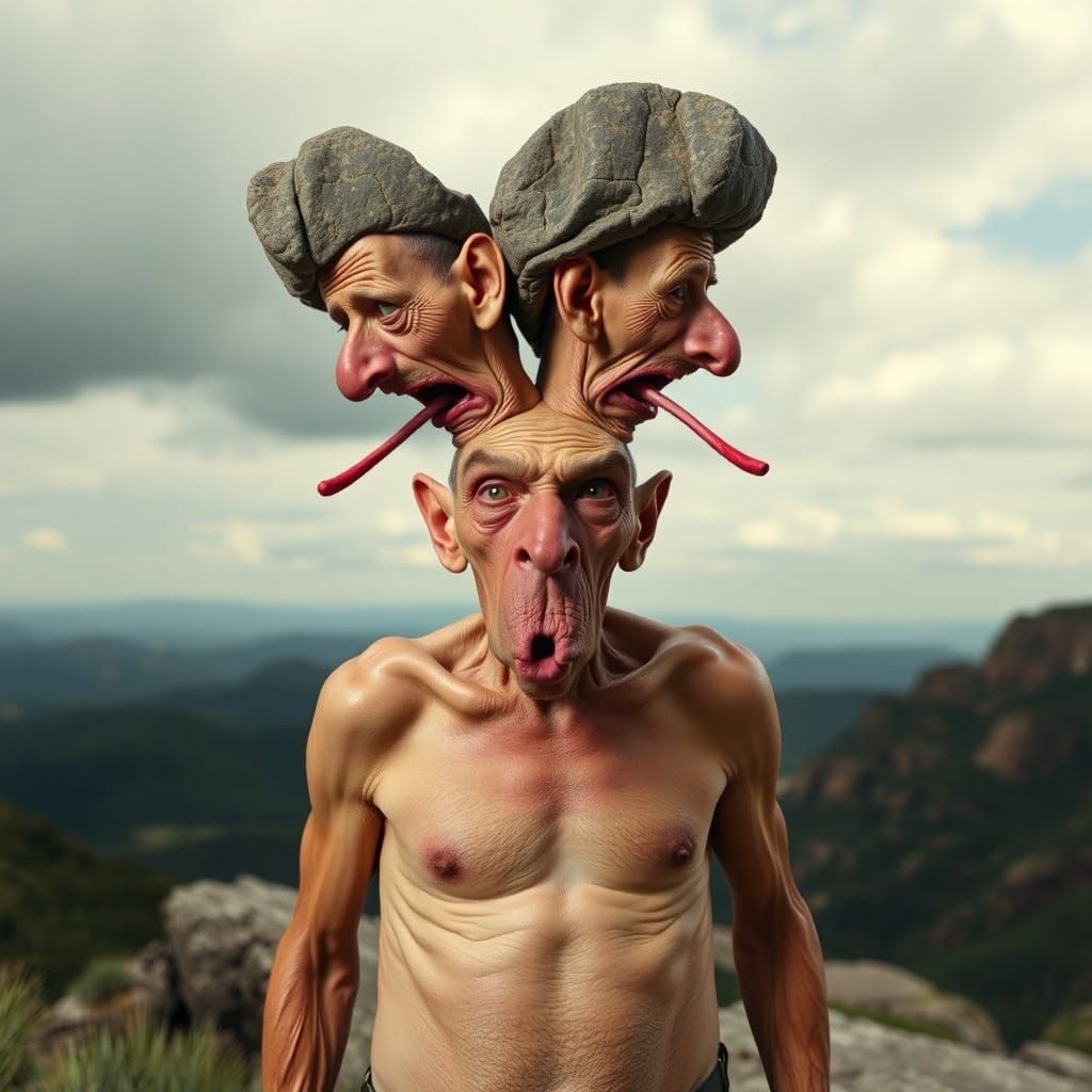 Two-Headed Caveman Portrait in Magical Realism Style