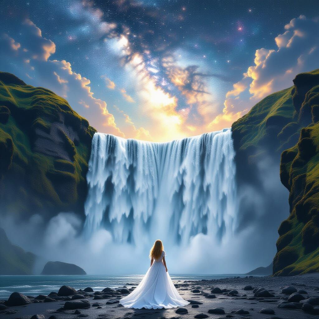 Cosmic Waterfall Aura with Girl in Digital Matte Painting