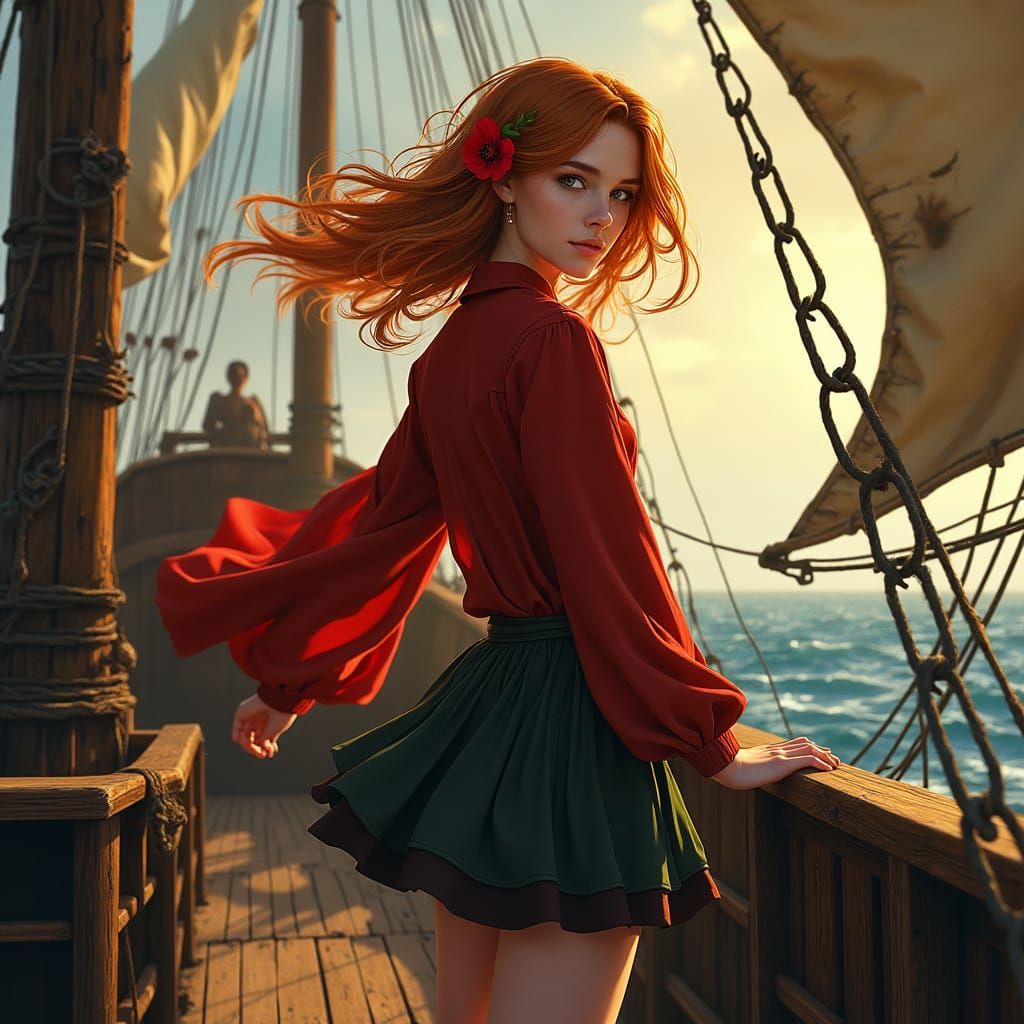 Auburn-Haired Pirate Girl on Ship Deck