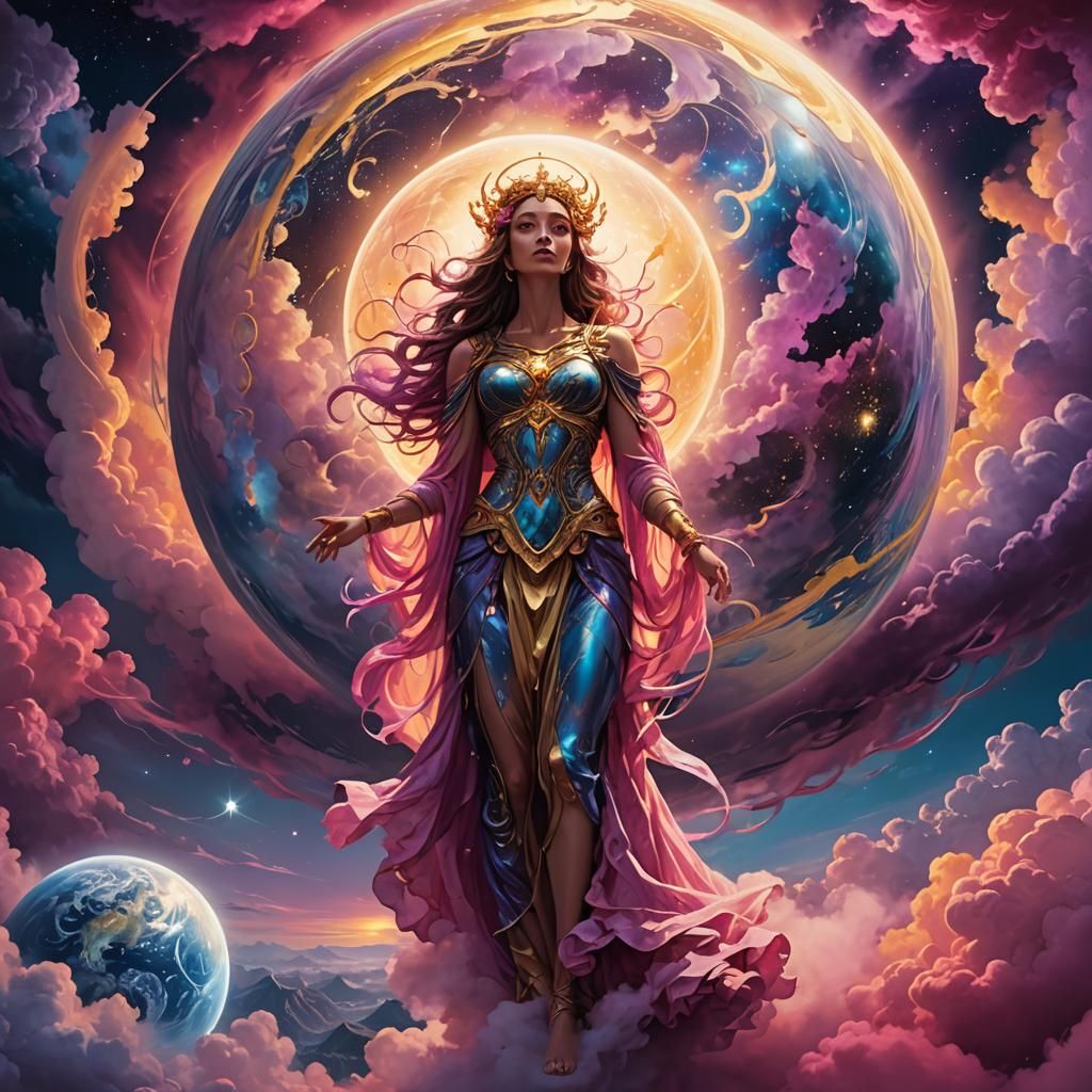 Goddess Enters Ethereal Night Sphere in Digital Art