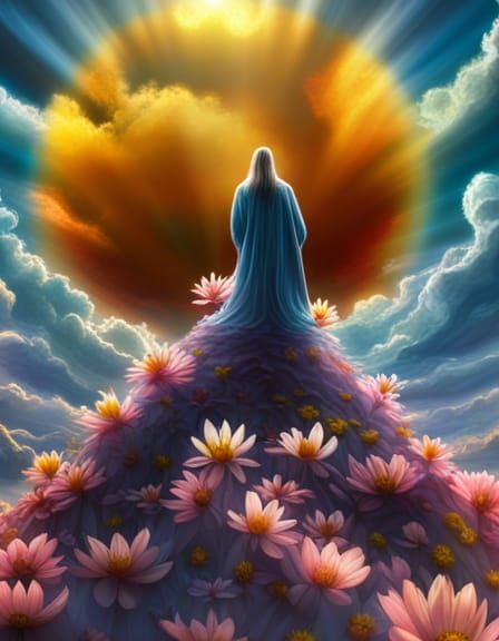 Epic Flower Mountain Scene with Sunshine Beams