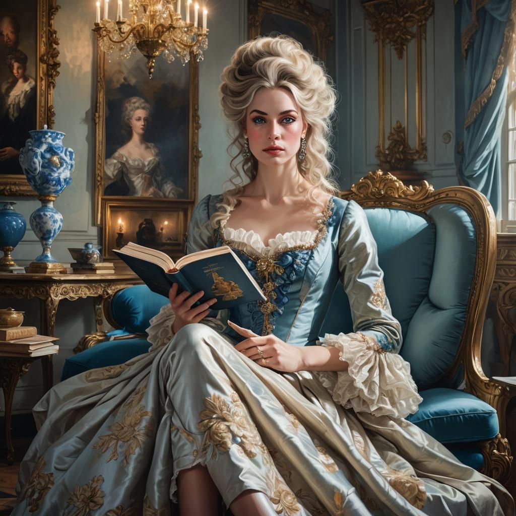 French Countess Reading in Rococo Style