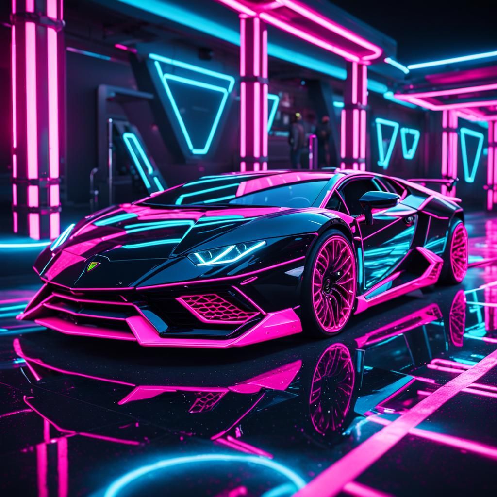 Neon Lights : Pink Accents on a Black Lamborghini