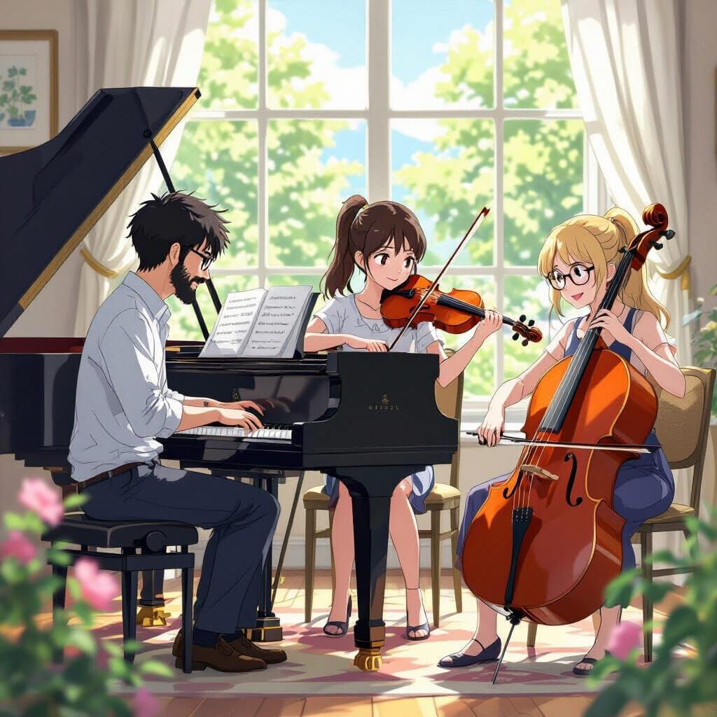 Piano Trio Performance in Studio Ghibli Anime Style