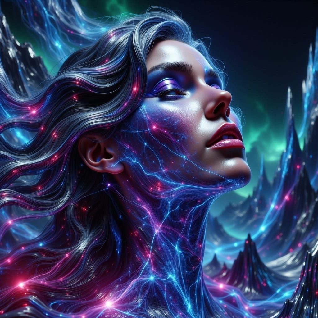 Beautiful Woman Portrait with Flowing Energy Veins