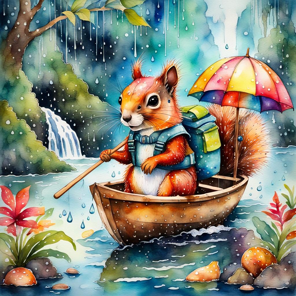 Aquarell Zeichnung eines Eichhörnchen bei einer Bootsfahrt im Regen