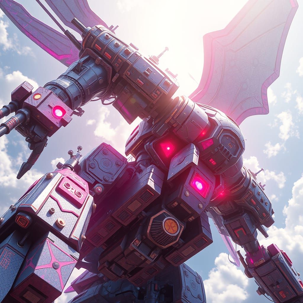Mech in Flight, Inspired by Cyberpunk and Anime Art
