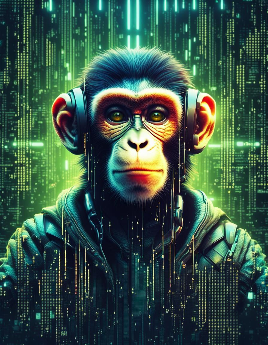 Cyberpunk Monkey Portrait in Digital Matrix World