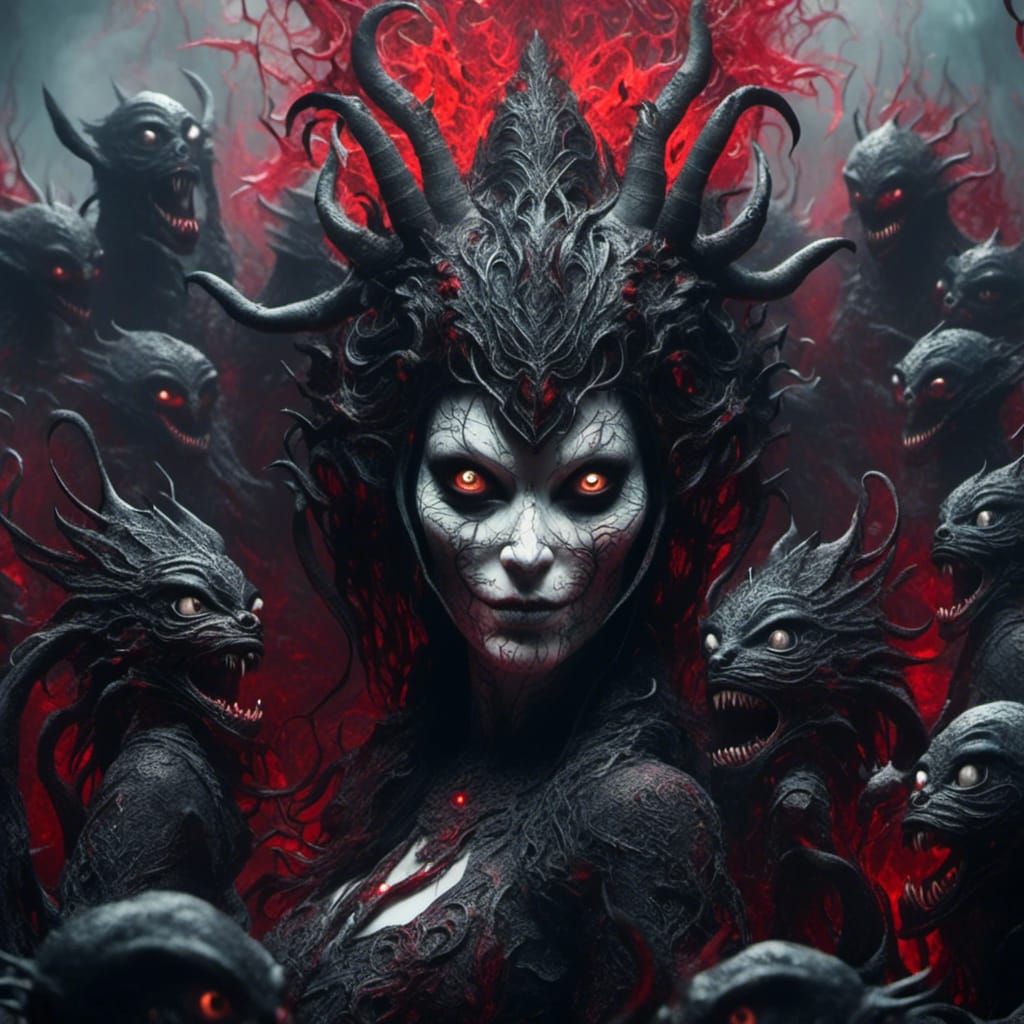 Grotesque Goddess with Minions in Sharp 3D Rendering