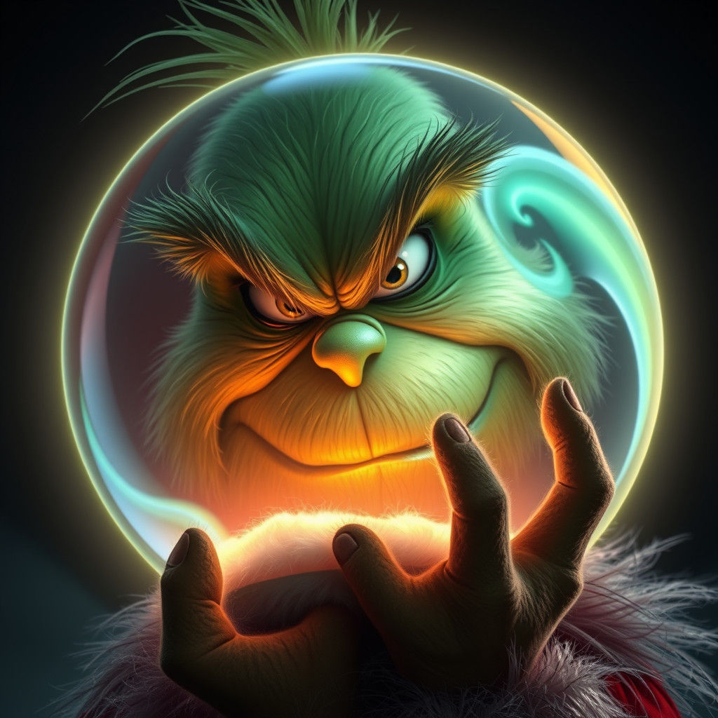 Grinch Sees Santa in Crystal Ball, Digital Art