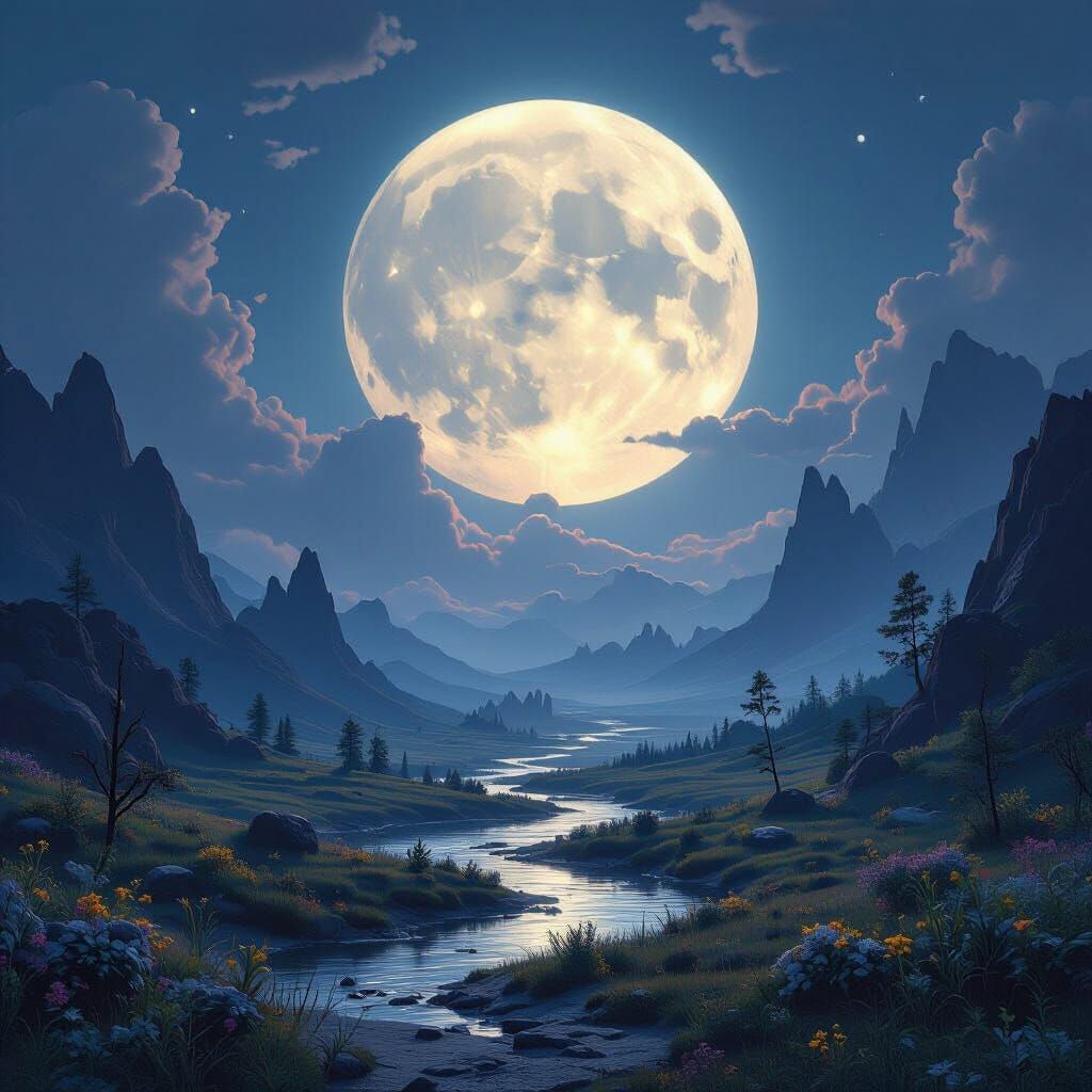 Mystical Moonlit Landscape in Matte Painting Style
