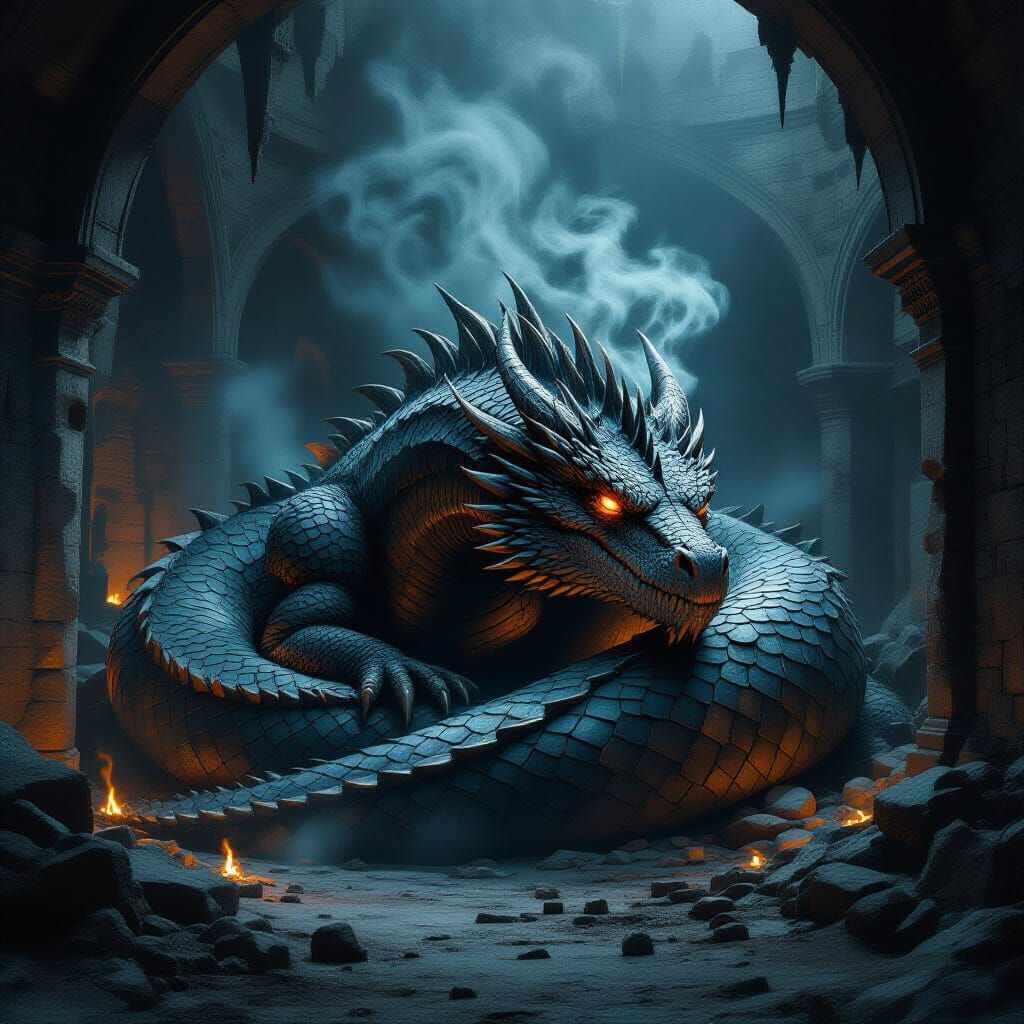 Ancient Dragon Sleeps By Obsidian Forge in Shadowy Ruins