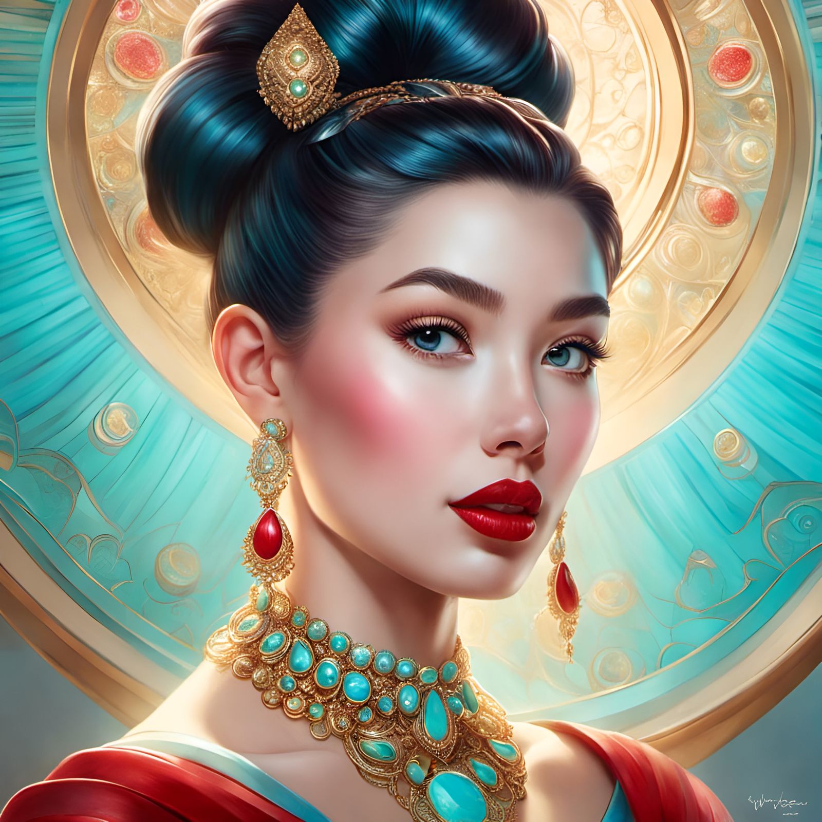 Gorgeous Woman with Cyan Jewels in Updo