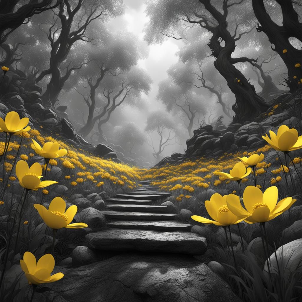 Yellow Flowers Pop in Black and White Forest