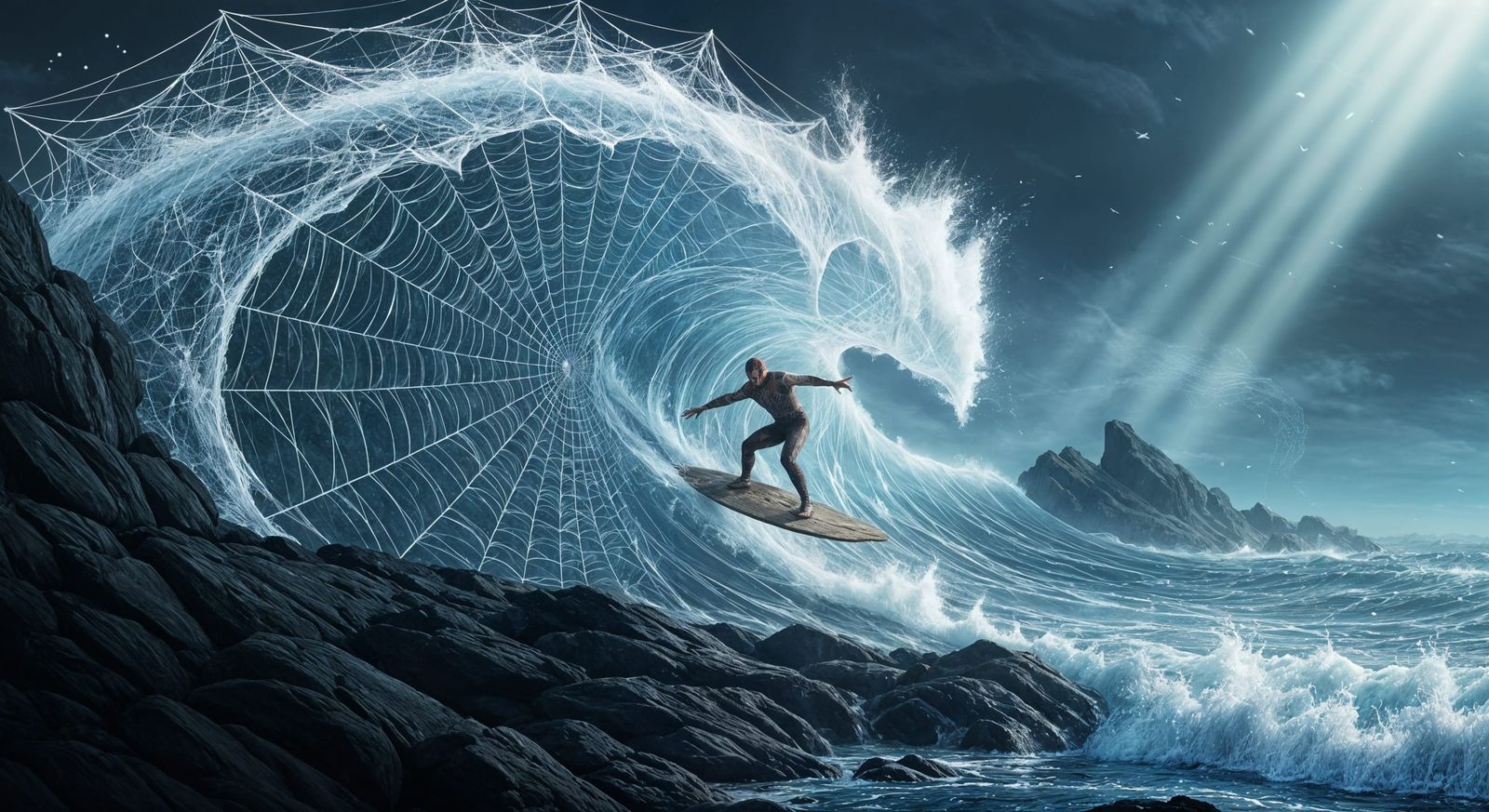 Surreal Web Wave Surfing in Bioluminescent Moonlight