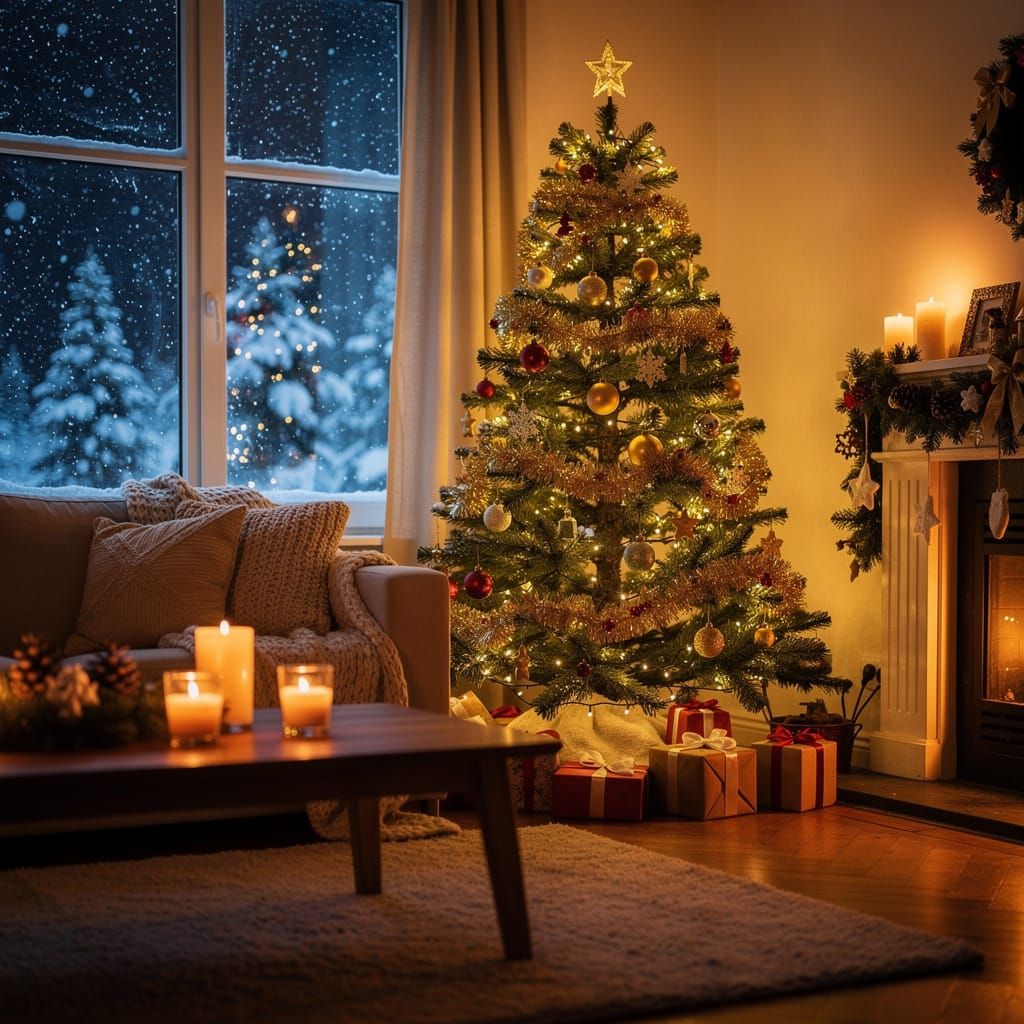 Cozy Christmas Living Room Amidst Heavy Snowfall