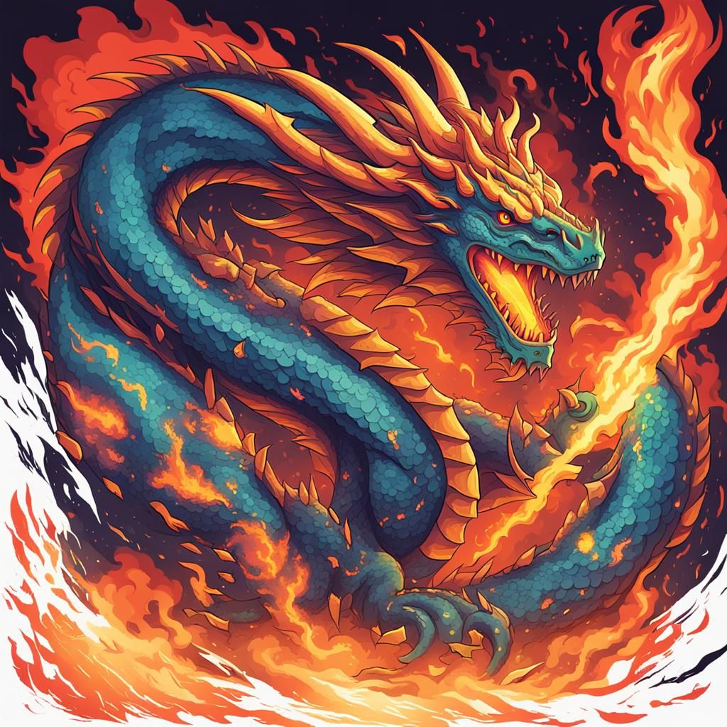 Colorful Dragon Destroys City with Fire