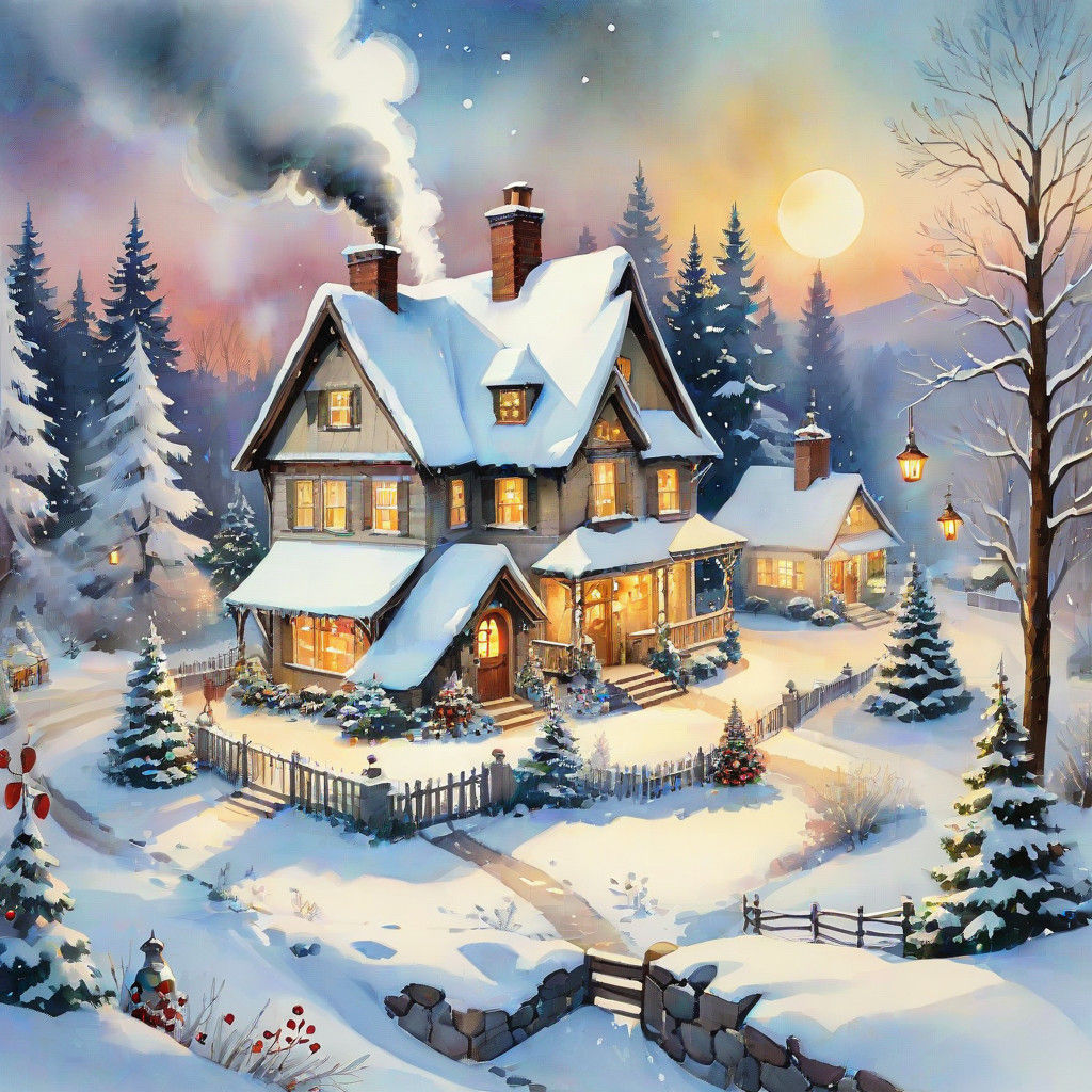 Cozy Christmas Wonderland in Traditional Watercolor Style