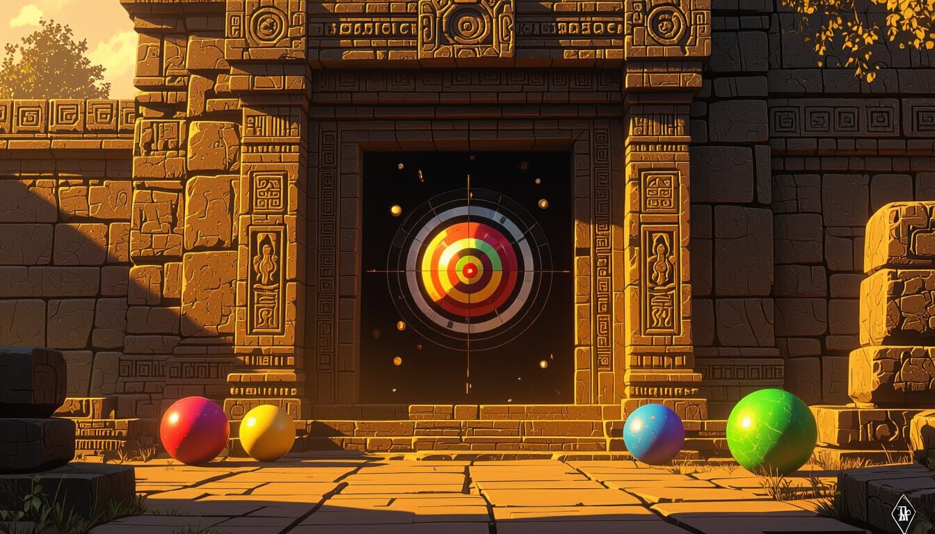 Mystical Industrial Temple Entrance with Glowing Balls