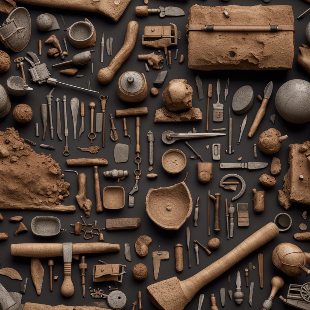 Detailed Knolling of Archeological Tools at Dig Site